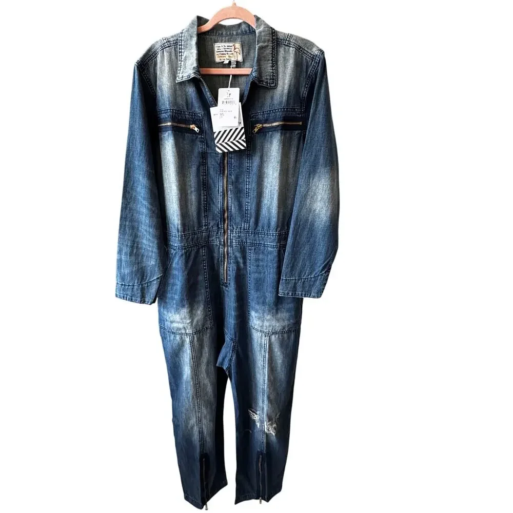 New Free People X Sandrine Rose Indigo Vintage Denim Jumpsuit XS Oversized
